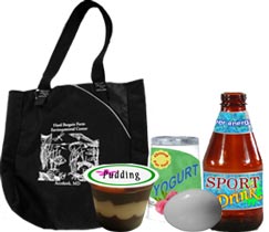 Reusable bag, glass bottle sports drink, egg, pudding and yogurt